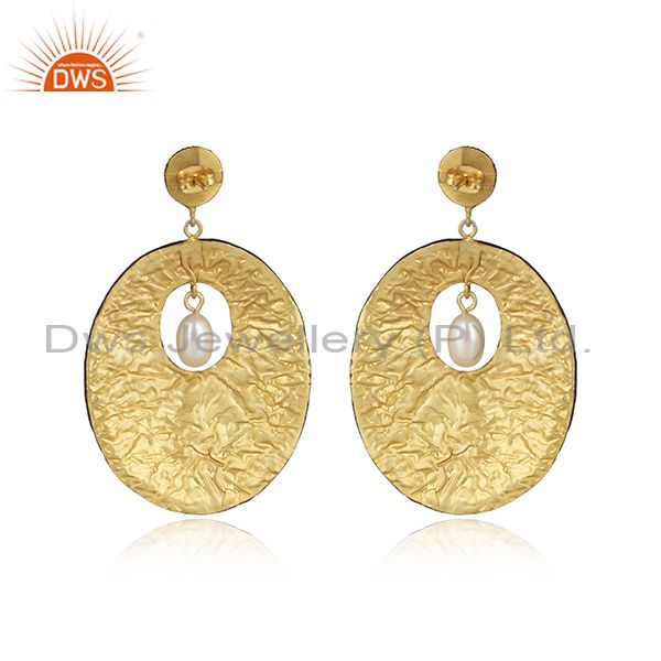 Exporter 22K Yellow Gold Plated Brass White Pearl And Cubic Zirconia Dangle Earrings