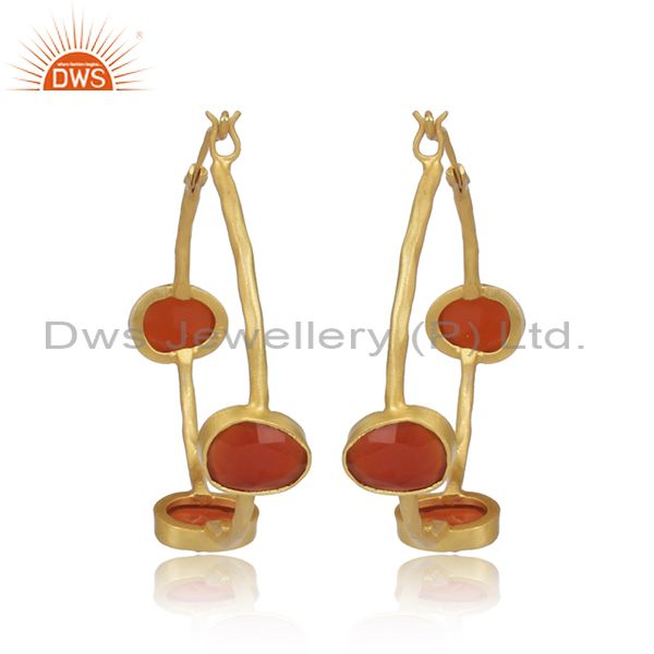 Red Onyx Set Gold On Sterling Silver Statement Hoop Earrings
