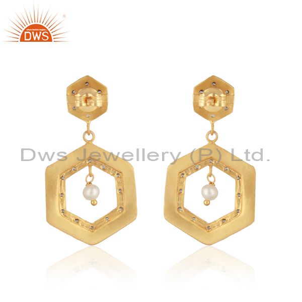 Exporter 18K Yellow Gold Plated Sterling Silver Pearl And Cubic Zirconia Handmade Earring