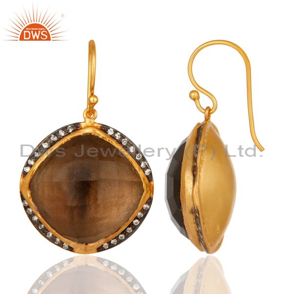 Suppliers Natural Smoky Quartz Gemstone Sterling Silver Drop Earrings With 18K Gold Plated