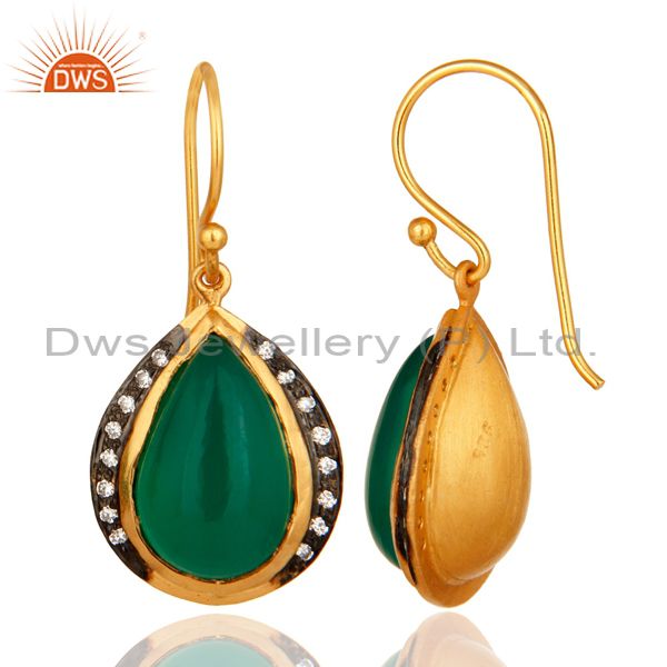 Suppliers Natural Green Onyx High Finish Yellow Gold Plated Sterling Silver Drop Earrings