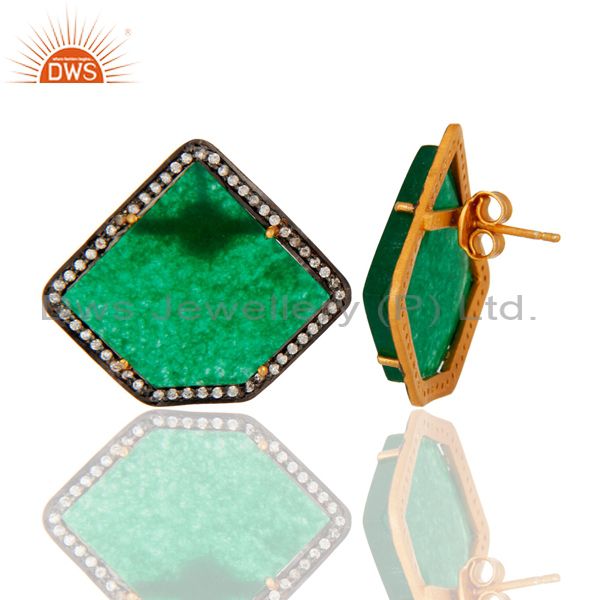 Suppliers CZ & Slice Cut Green Aventurine Gemstone Stud Earrings In 18K Gold On Silver
