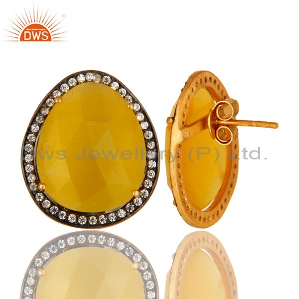 Suppliers Yellow Moonstone And CZ Sterling Silver Stud Earrings With 18K Gold Plated