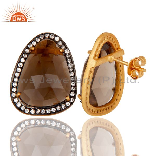Suppliers 18K Gold Plated Smokey Quartz and White CZ Sterling Silver Stud Earring