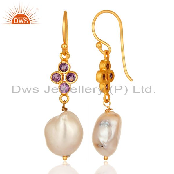 Suppliers Amethyst And Natural Pearl Dangle Earrings in 14K Yellow Gold On Sterling Silver