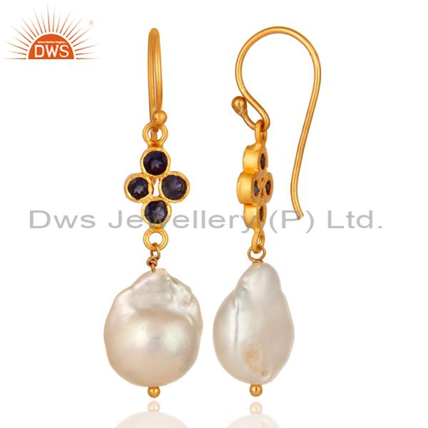 Suppliers Gold Plated Sterling Silver Natural Iolite And Pearl Gemstone Hook Earrings