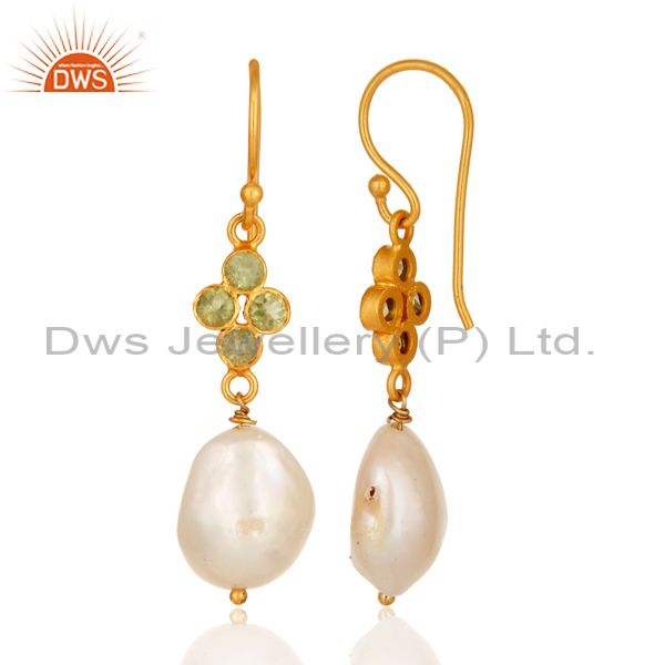 Suppliers Sterling Silver Peridot And Natural Pearl Dangle Earrings - Yellow Gold Plated