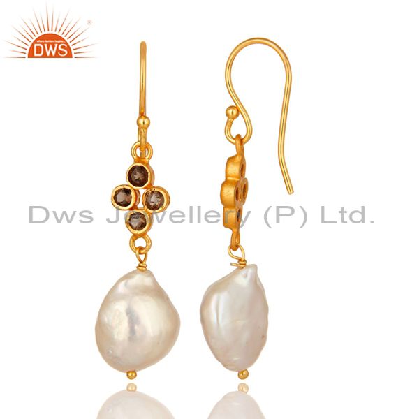 Suppliers Natural Smoky Quartz And Pearl Dangle Earrings Made In 18K Gold Over Silver