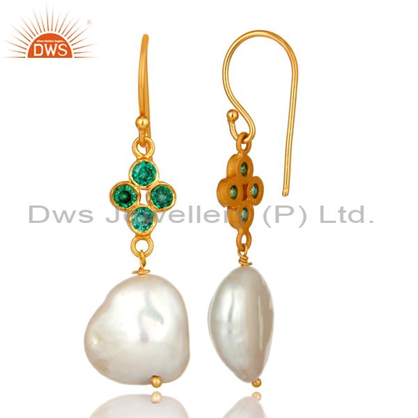 Suppliers 18K Yellow Gold Plated Sterling Silver Green CZ And Natural Pearl Dangle Earring
