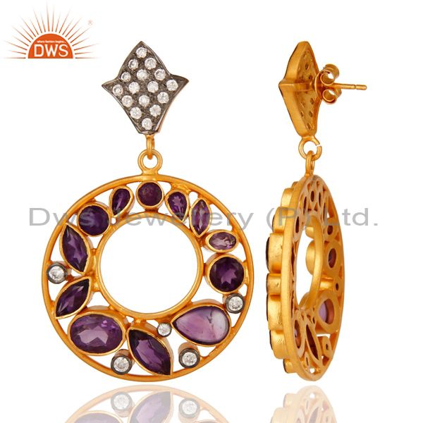 Suppliers Natural Amethyst Gemstone 925 Sterling Silver Handmade Earrings - Gold Plated