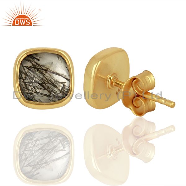 Exporter 18K Yellow Gold Plated Sterling Silver Rutilated Quartz Stud Earrings Rutile