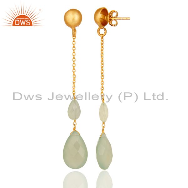 Suppliers 22K Yellow Gold Plated Sterling Silver Green Chalcedony Chain Dangle Earrings