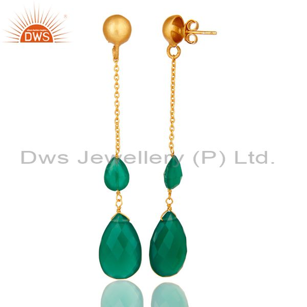 Suppliers 22K Yellow Gold Plated Sterling Silver Green Onyx Briolette Chain Drop Earrings