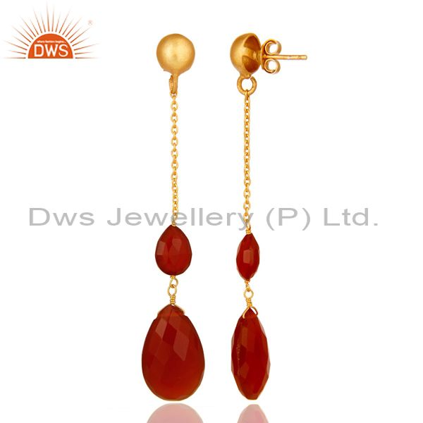 Suppliers 22K Yellow Gold Plated Sterling Silver Red Onyx Briolette Chain Drop Earrings