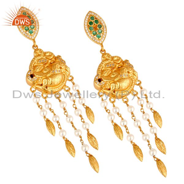 Suppliers 14K Gold Plated Sterling Silver Emerald And Pearl Beaded Chandelier Earrings