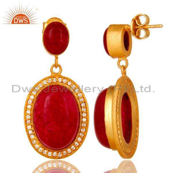 Suppliers 14K Yellow Gold Plated Sterling Silver Red Aventurine Dangle Earrings With CZ