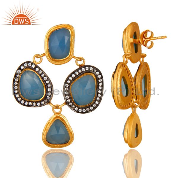 Suppliers 18K Gold Plated Sterling Silver Blue Chalcedony And CZ Chandelier Earrings