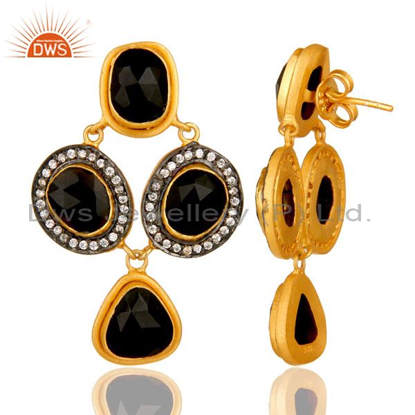 Suppliers 18K Yellow Gold Plated Sterling Silver Black Onyx And CZ Fashion Earrings