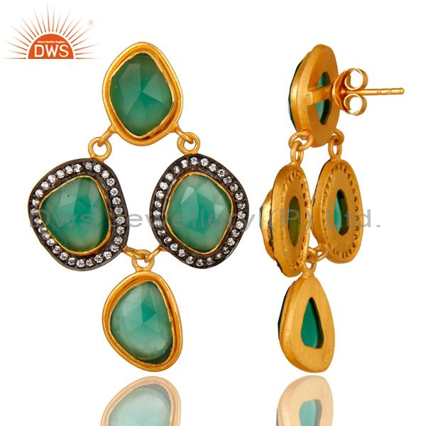 Suppliers 18K Yellow Gold Plated Sterling Silver Green Onyx And CZ Chandelier Earrings