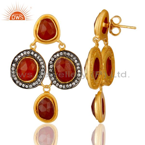 Suppliers 18K Yellow Gold Plated Sterling Silver Red Onyx And CZ Fashion Dangle Earrings