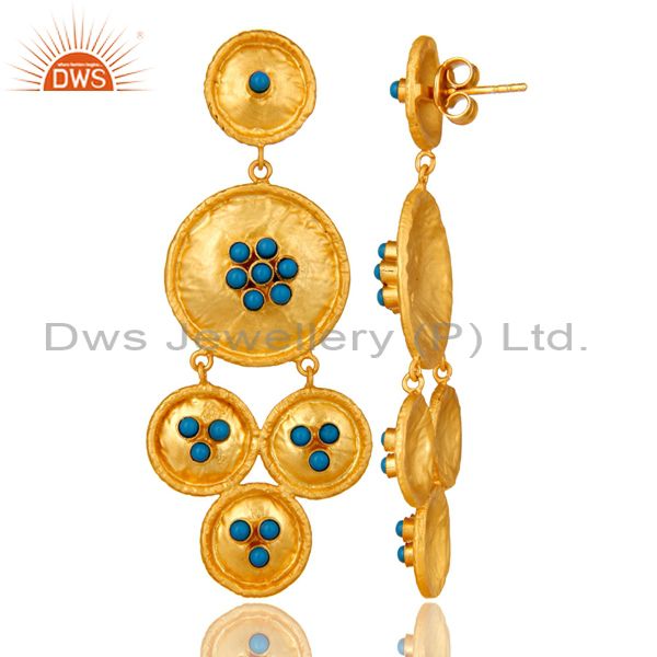 Suppliers 22K Matte Yellow Gold Plated Sterling Silver Turquoise Disc Chandelier Earrings