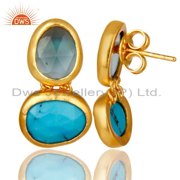 Suppliers 18K Yellow Gold Plated Sterling Silver Chalcedony And Turquoise Dangle Earrings