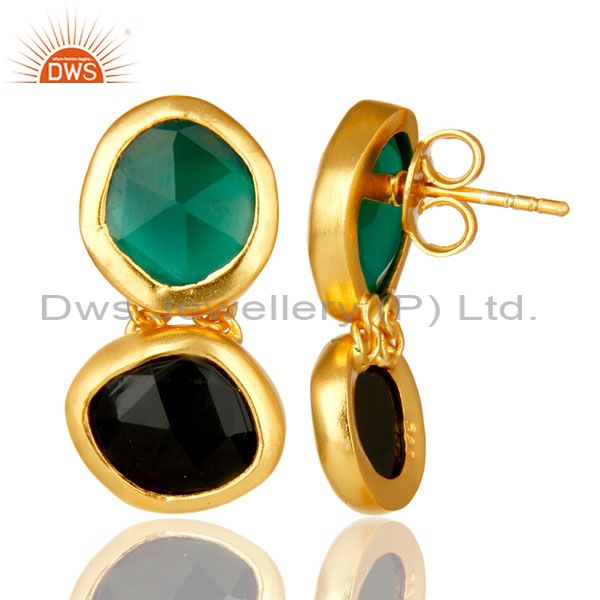 Suppliers 18K Yellow Gold Plated Sterling Silver Green Onyx And Black Onyx Dangle Earrings
