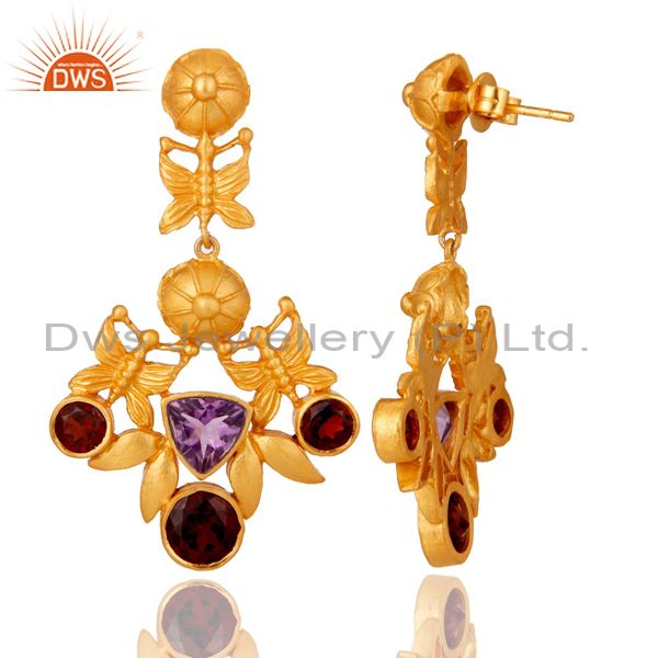Suppliers Amethyst and Garnet Art Deco Sterling Silver Gold Plated Dangler Earring