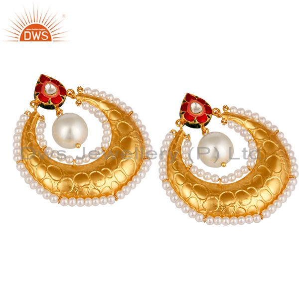 Suppliers Crystal Polki and White Pearl 18K gold Plated Sterling Silver Enamel Earring