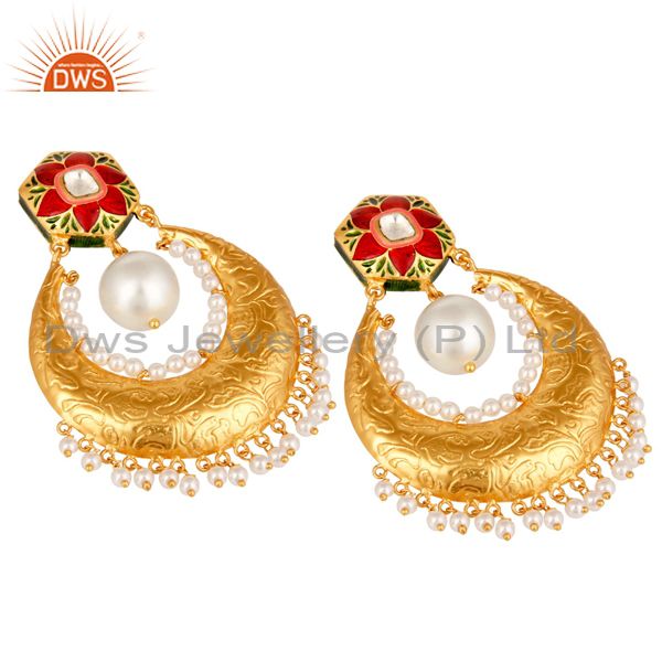 Suppliers Crystal Quartz Polki and Pearl 18K Gold Plated Sterling Silver Enamel Earring