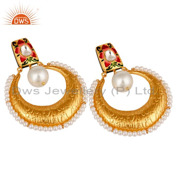 Suppliers Crystal Quartz and Pearl Textured Yellow Gold Plated Silver Stud Enamel Earring