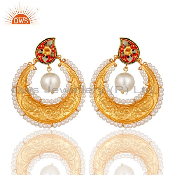 Suppliers 18K Gold Plated Sterling Silver Crystal Polki and Pearl Enamel Earring