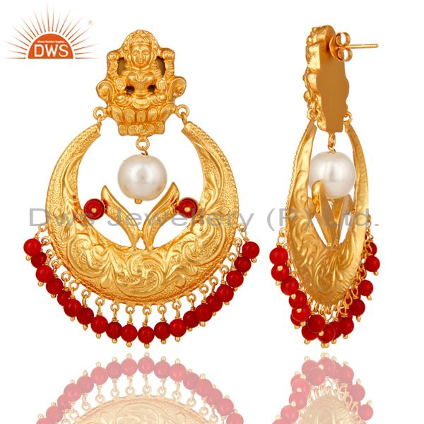 Exporter Coral and Pearl Beads 18K Gold Plated 925 Silver Temple Jewelry Jhumka Earring