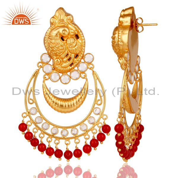 Suppliers Coral and CZ 18K Gold Plated Sterling Silver Jhumka Earring Temple Jewelry
