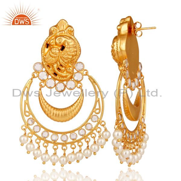 Suppliers Pearl and CZ 18K Gold Plated Sterling Silver Jhumka Earring Temple Jewelry