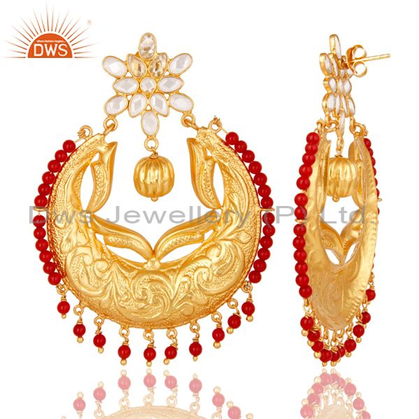 Suppliers Coral & White Zircon 18K Gold Plated Sterling Silver Temple Jewelry Earrings