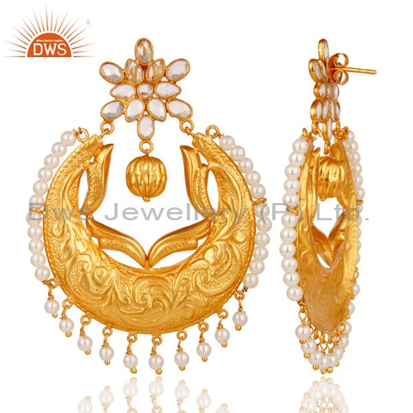 Suppliers Pearl and Cubic Zircon Sterling Silver 18K Gold Plated Chand Bali Earring