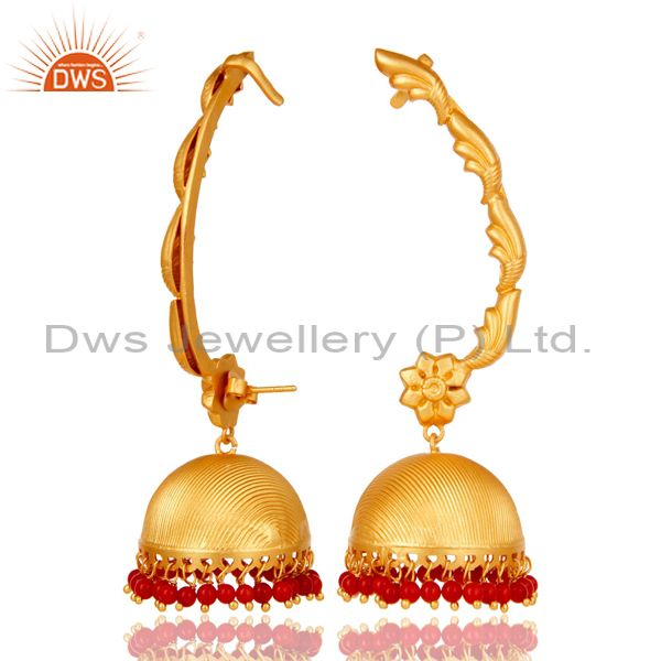 Suppliers Traditional Jhumka Ear Cuff with 18K Gold Plated Sterling Silver and Coral