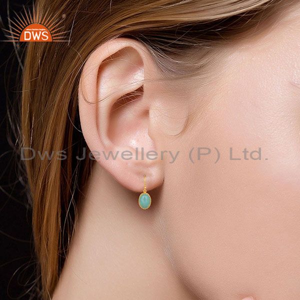 Suppliers 14K Gold Plated 925 Sterling Silver Dyed Chalcedony Prong Set Drops Earrings