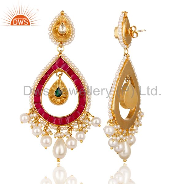 Suppliers 18K Yellow Gold Plated 925 Sterling Silver Handmade Pearl Beads Dangle Earrings