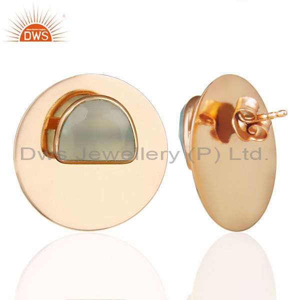 Suppliers 14K Rose Gold Plated 925 Silver Round Design Dyed Aqua Chalcedony Stud Earrings