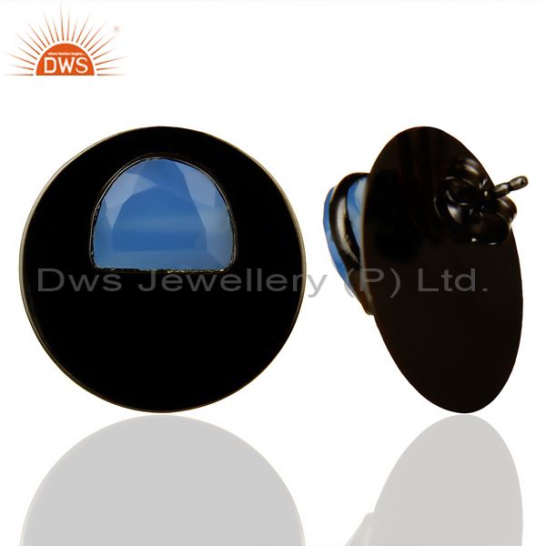 Suppliers Black Oxidized 925 Silver Round Design Aqua Blue Chalcedony Stud Earrings