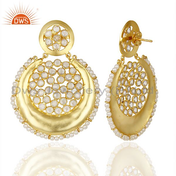 Suppliers Silver Gold Plated Natural Pearl Gemstone Chand Bali Earrings Supplier
