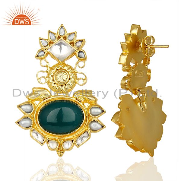 Suppliers Green Onyx Pearl Gemstone Gold Plated Silver Earrings Supplier