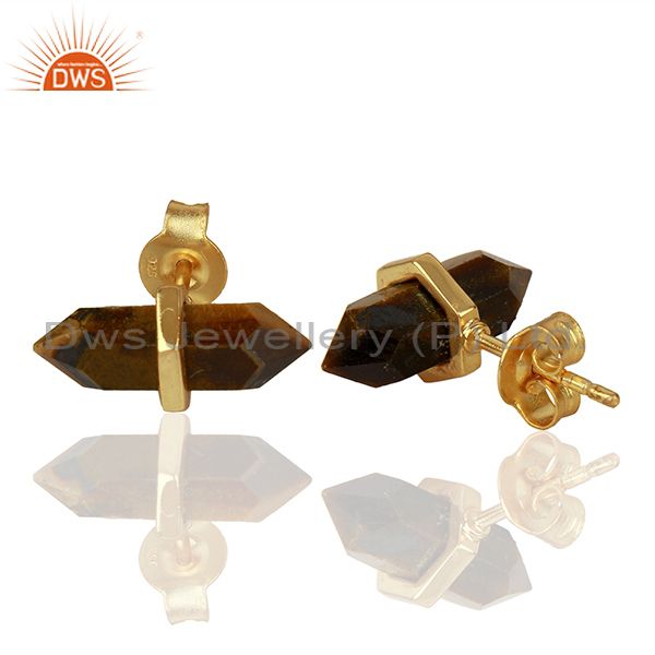 Suppliers Tigereye Terminated Pencil Post Gold Plated Sterling Silver Earring