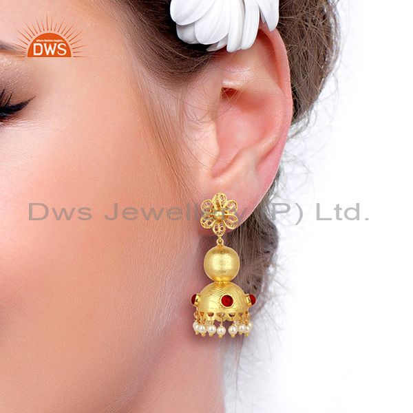 Suppliers Red Stone Studded Traditional Bollywood Jhumka Gold Plated 92.5 Silver Jewelry