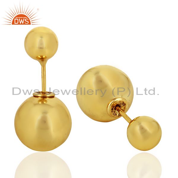 Exporter Two Ball Stud,Two Way Stud Post 14K Gold Plated Trendy Sterling Silver Earring