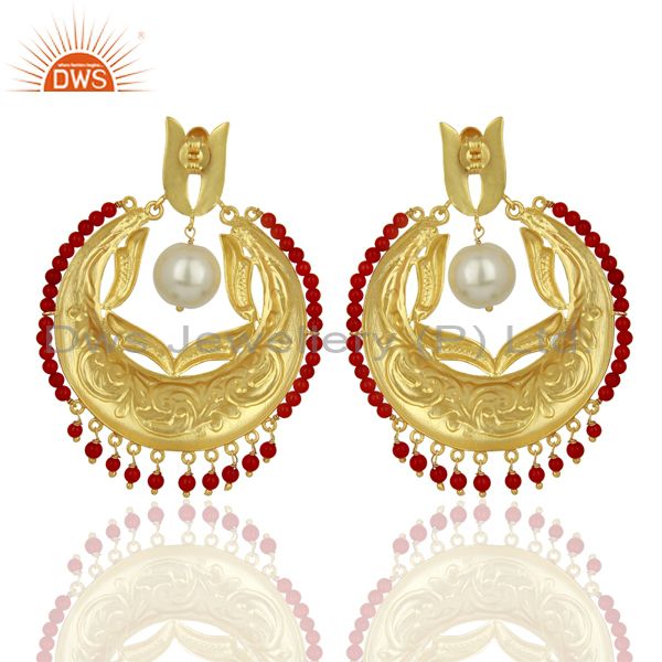 Suppliers CZ Coral Gemstone Gold Plated Silver Chand Bali Traditional Earrings