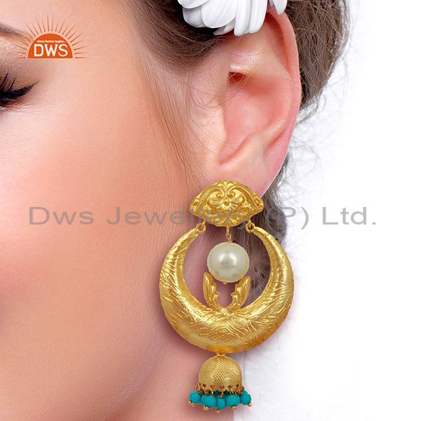 Suppliers Gold Plated Silver Turquoise Gemstone Chand Bali Earrings Supplier
