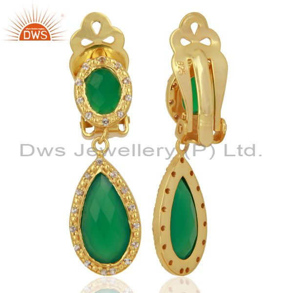 Exporter Natural Green Onyx Gemstone Gold Plated 925 Silver Clip Earrings